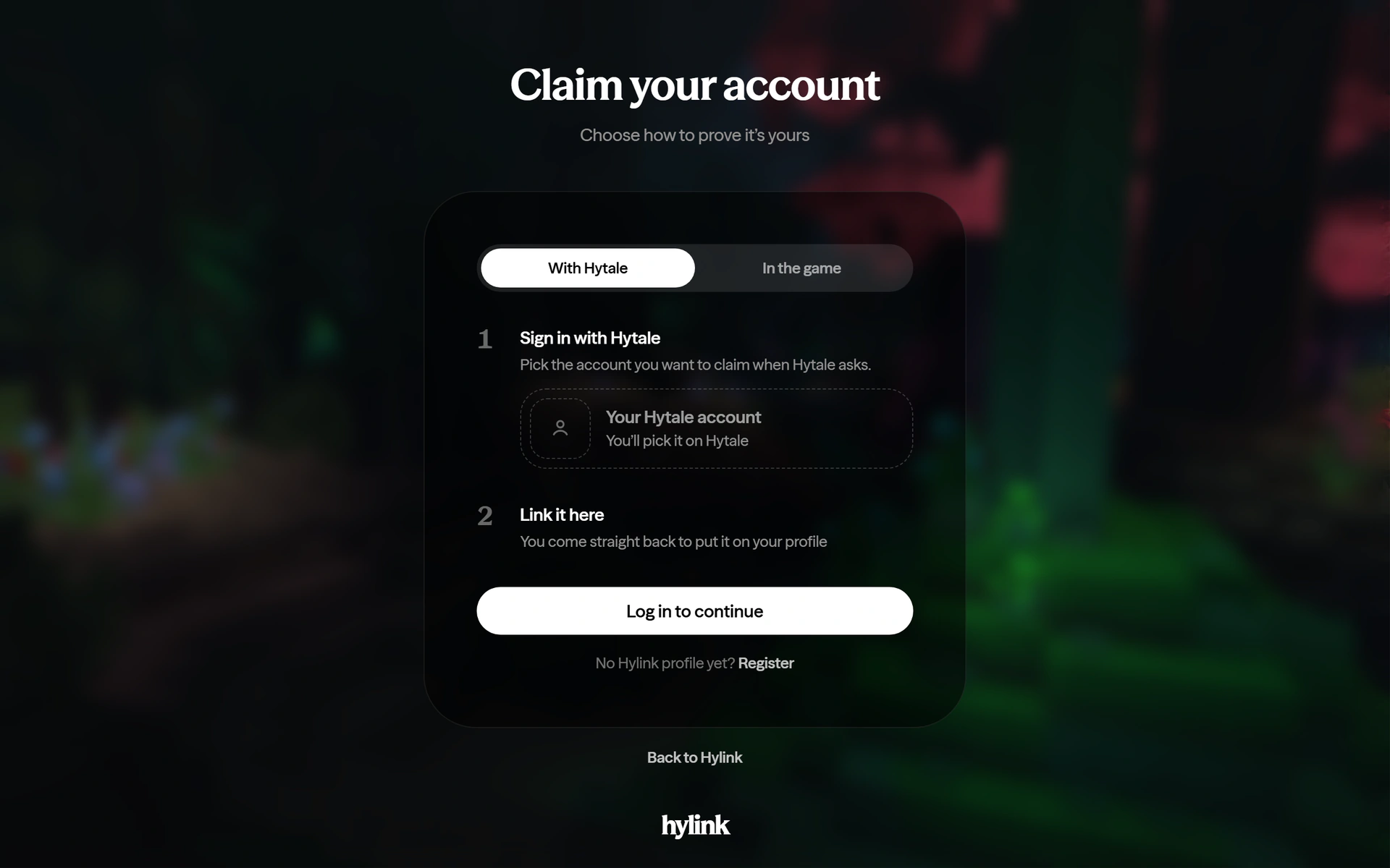 The claim page, With Hytale chosen: sign in with Hytale, then link it here