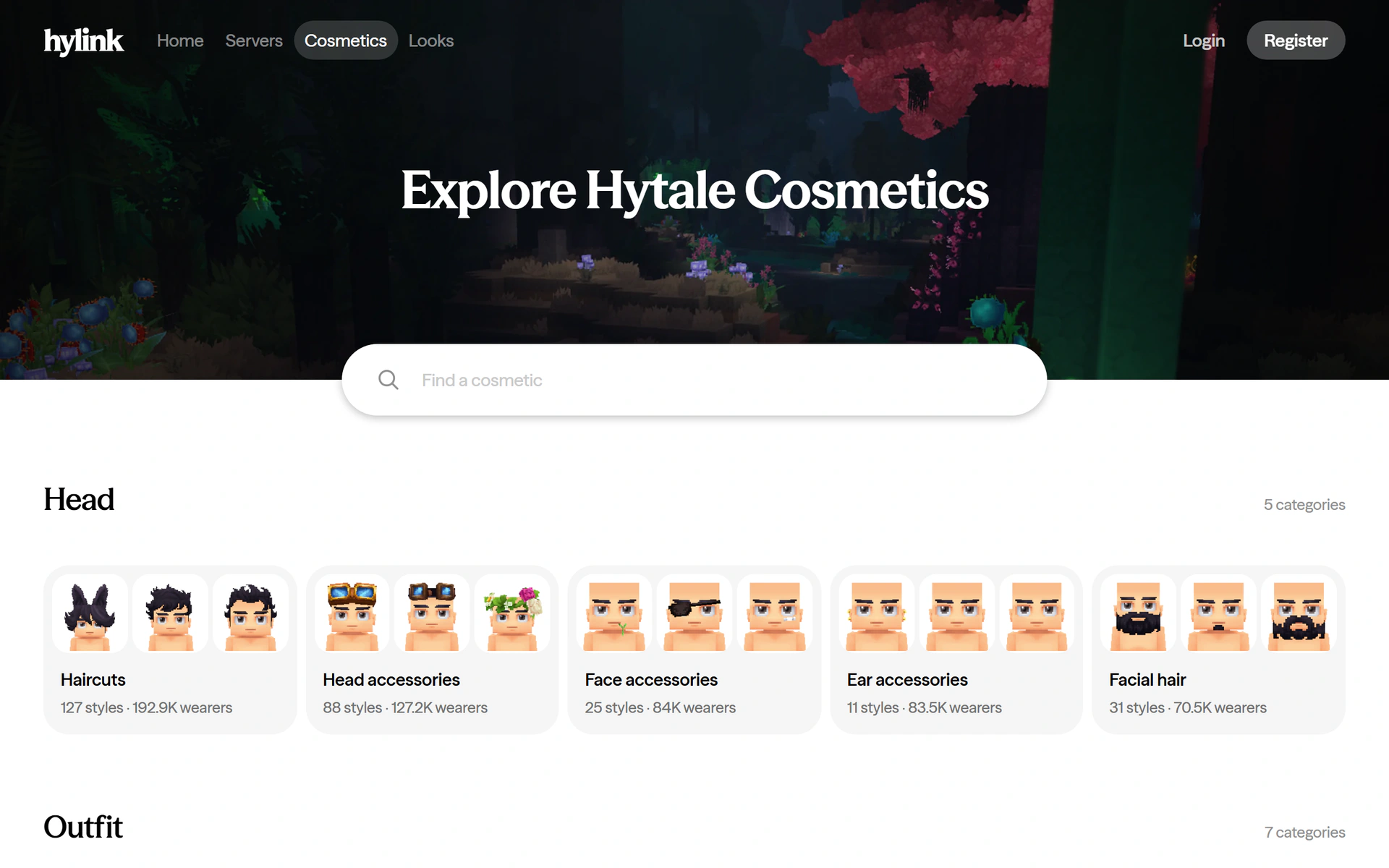 The Cosmetics page with its head categories