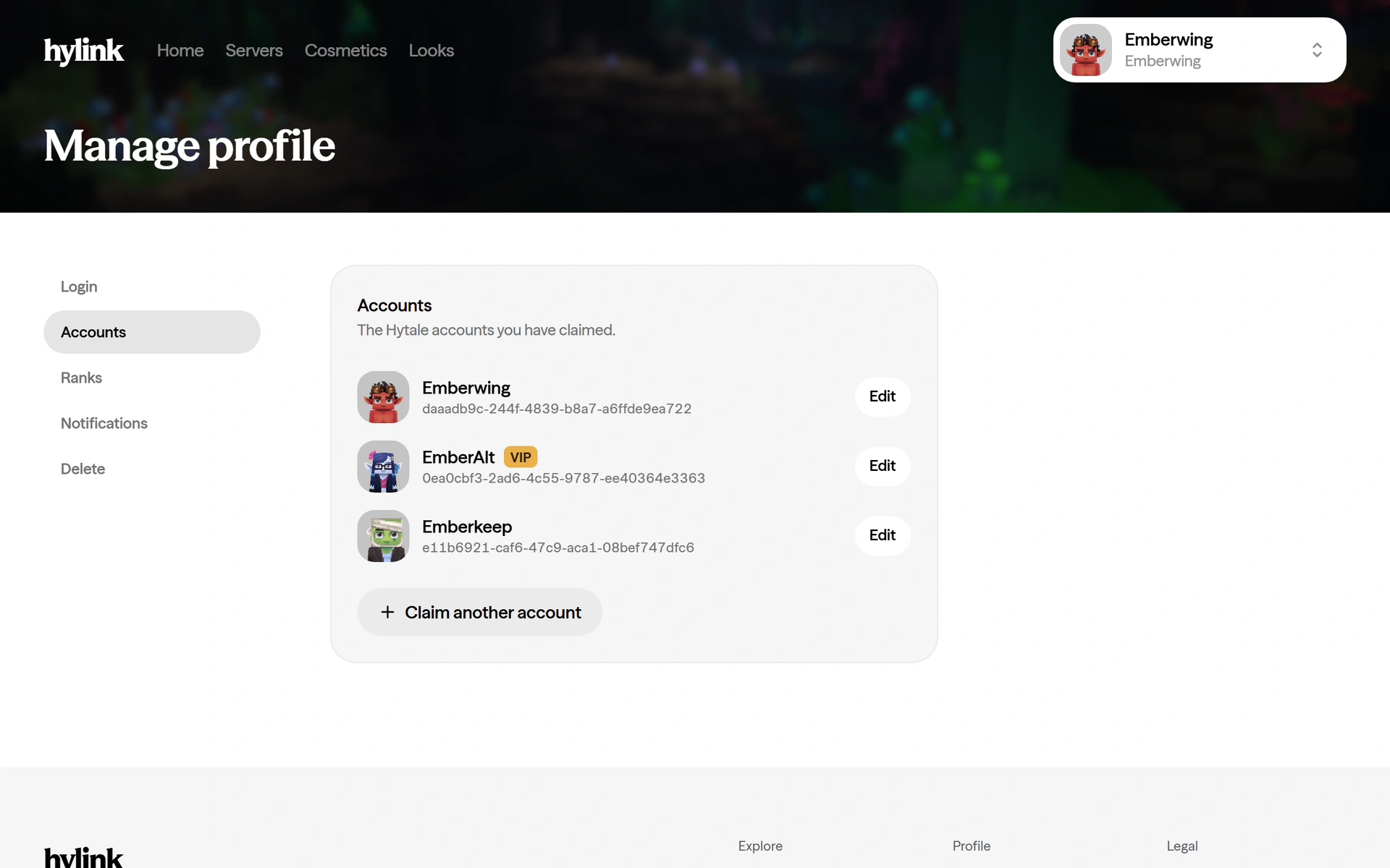 Manage profile, with the accounts you have claimed