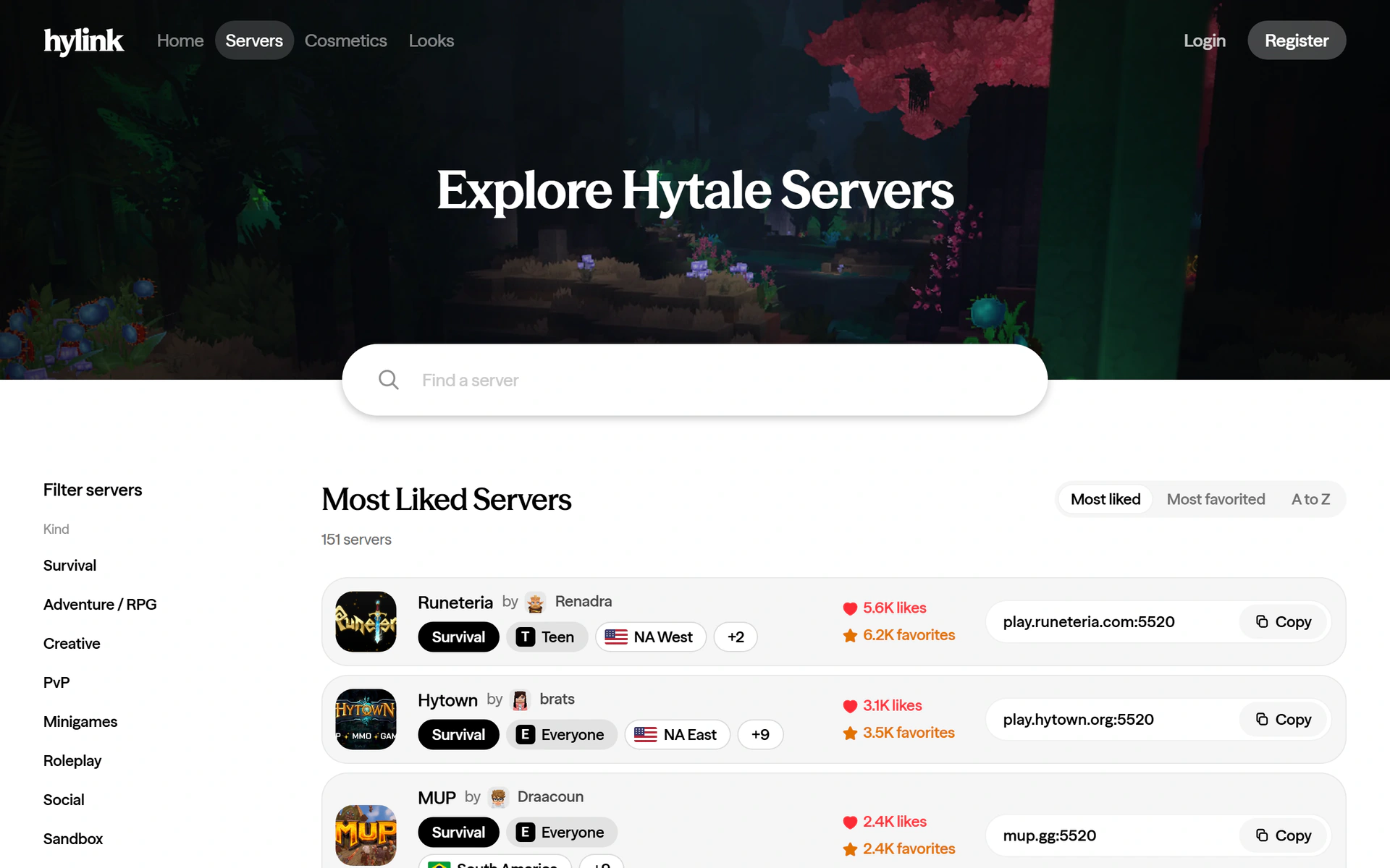 The servers directory with its filters, most liked first
